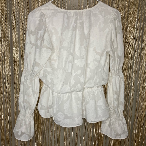 Cream floral peplum top with puffed sheer long sleeves and buttons - Picture 2 of 5